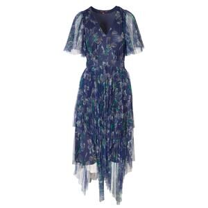 Marchesa Voyage Iris Blue Sheer Pleated Floral Print V-Neck Midi Dress 2